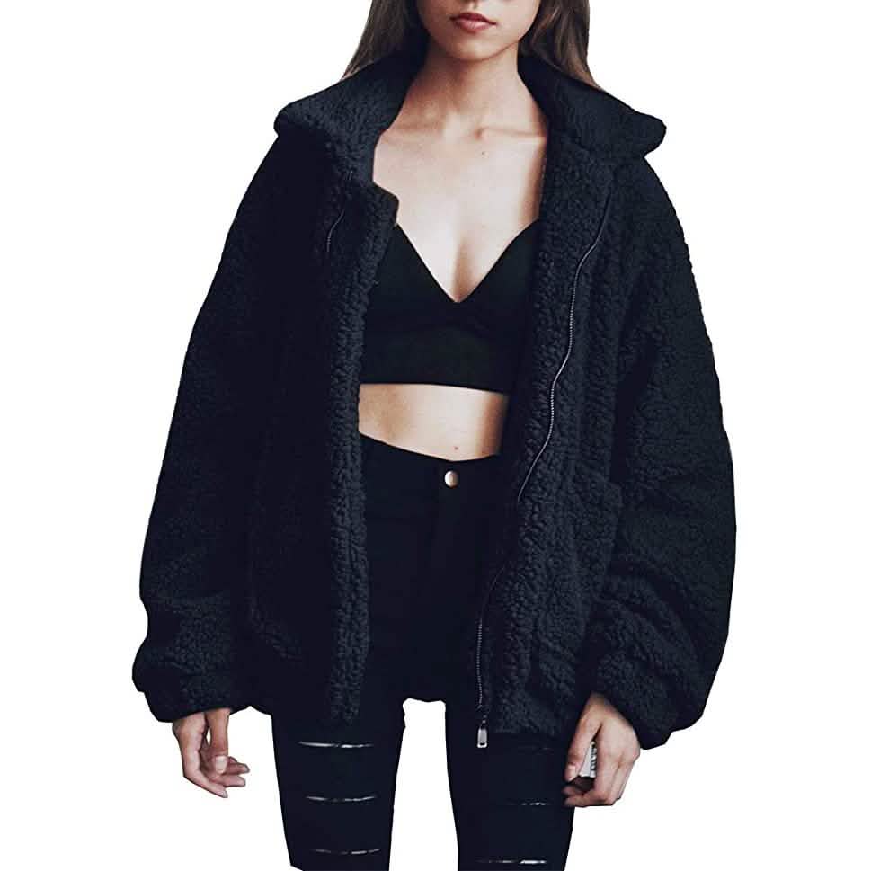 Women's Lapel Zip Up Faux Shearling Shaggy Coat Jacket