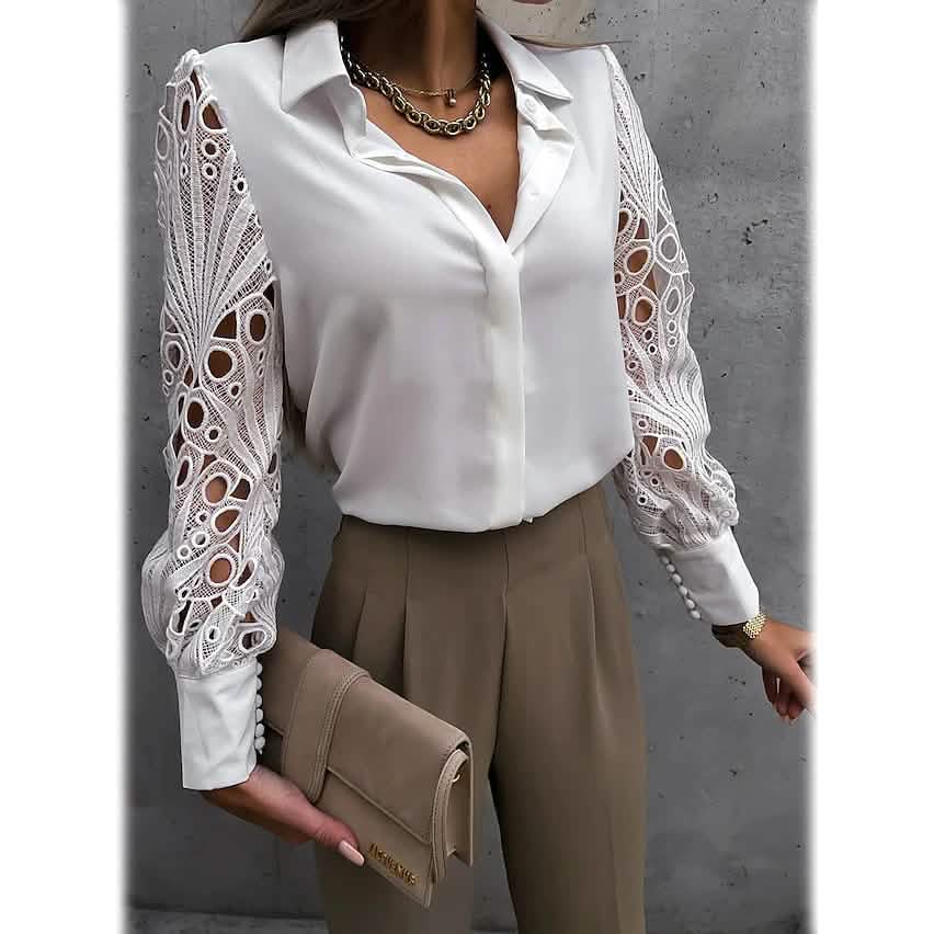 Women's Long Sleeve Cutout Lace Button Down Shirt