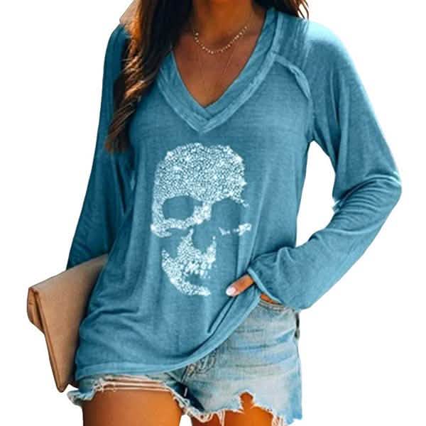 Women's Loose Skull Printed Long Sleeved V-neck Shirts Cotton Tops