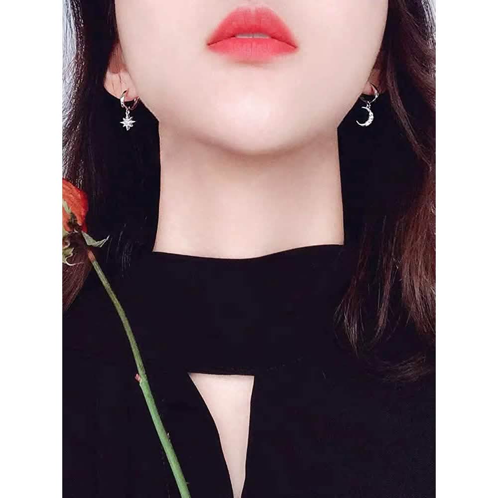 Women's Moon Star Pendant Small Hoop Earrings