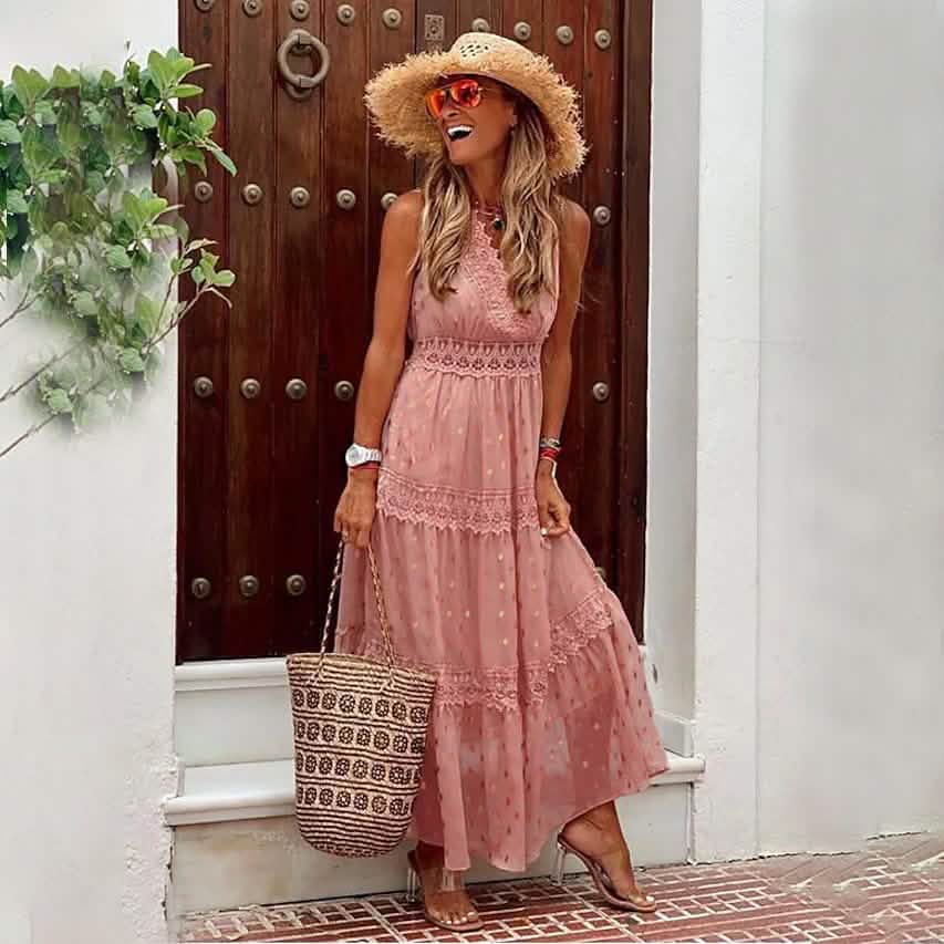 Women's Sleeveless Solid Color Lace Panel Dress
