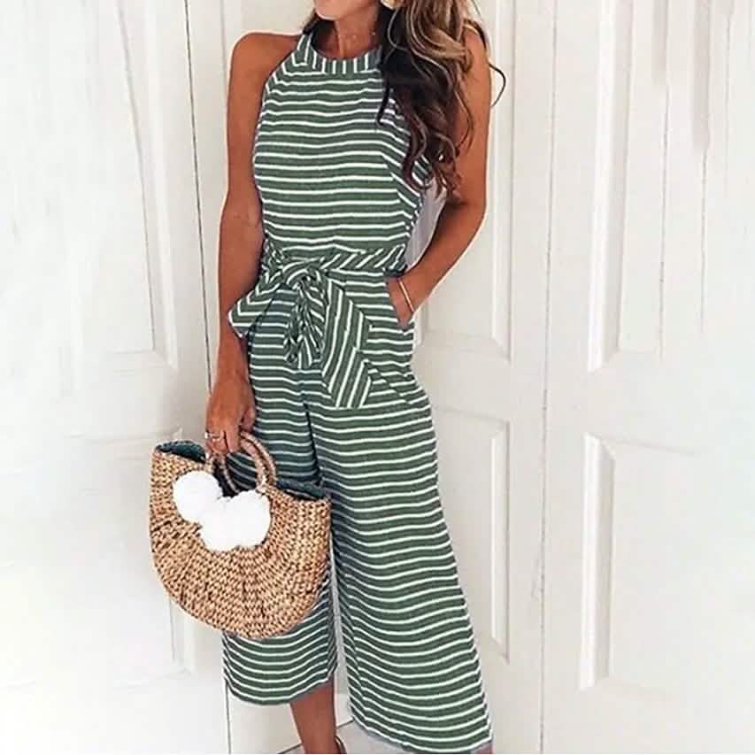Women's Solid Color Crew Neck Casual Jumpsuit