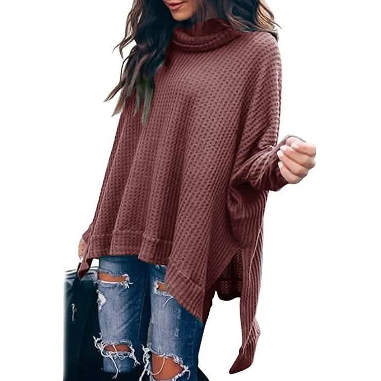 Women's Turtle Cowl Neck Long Batwing Sleeve Sweater