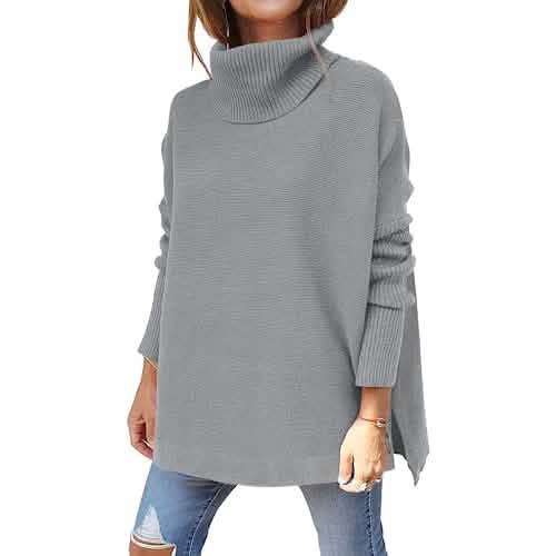 Women's Turtleneck Oversized Sweaters Long Batwing Sleeve Spilt Hem Tunic
