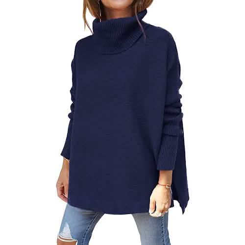 Women's Turtleneck Oversized Sweaters Long Batwing Sleeve Spilt Hem Tunic
