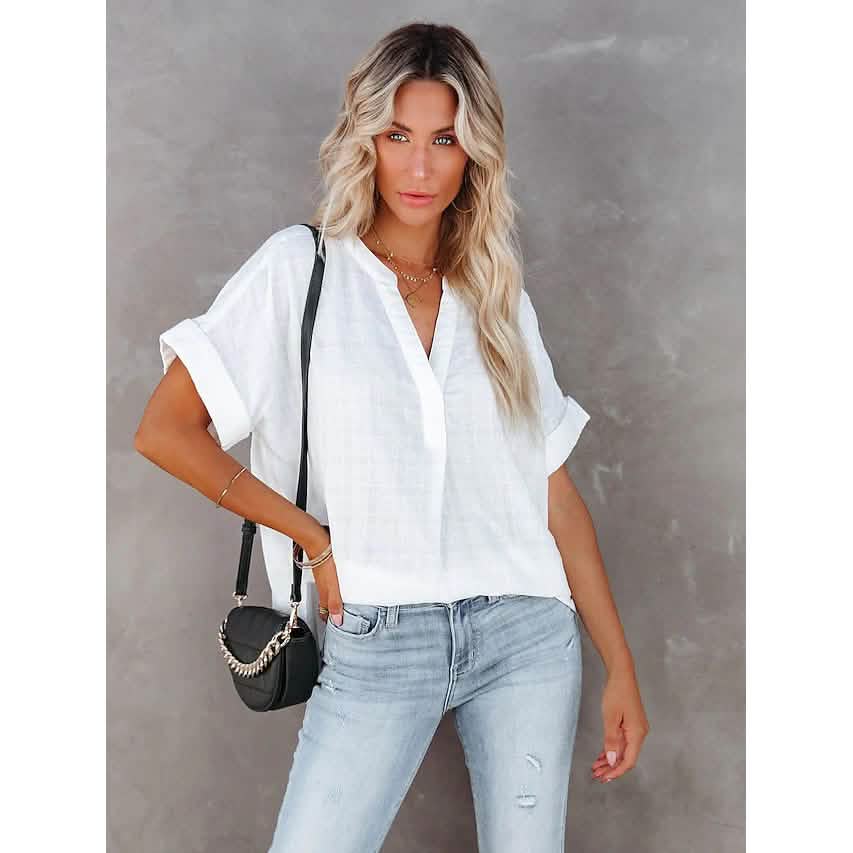 Women's V-Neck Loose Shirt Short Sleeve Top