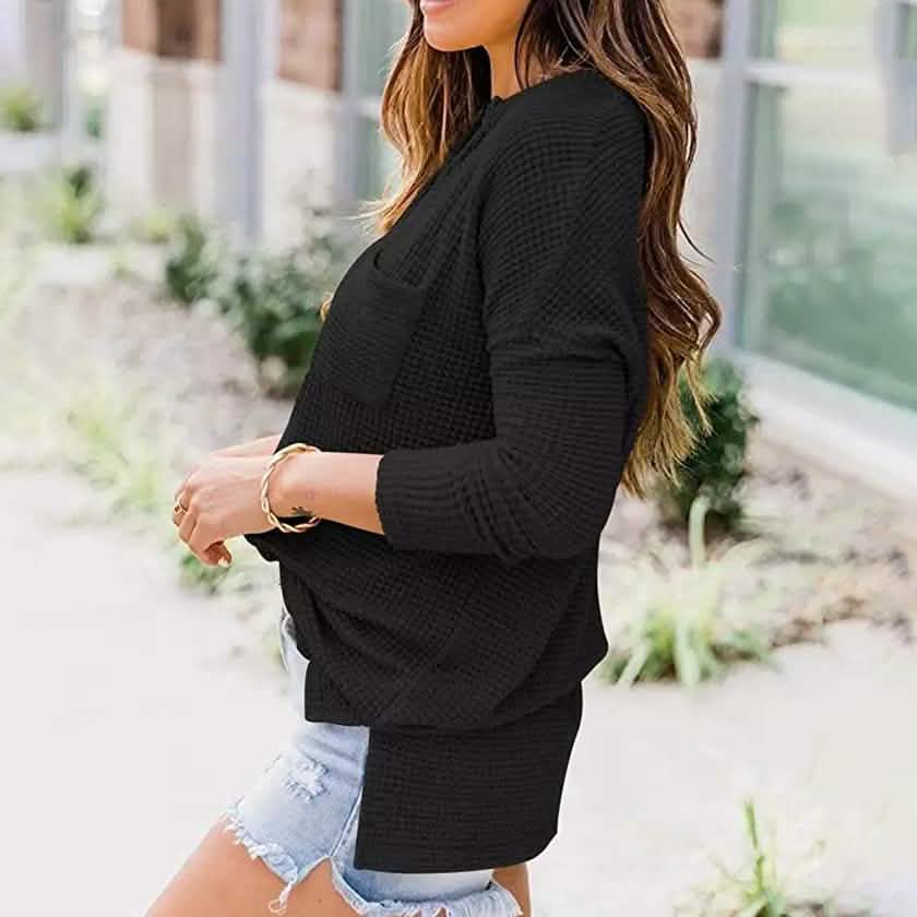Women's Waffle Knit Fall Oversized Sweater V Neck Pullover Tops