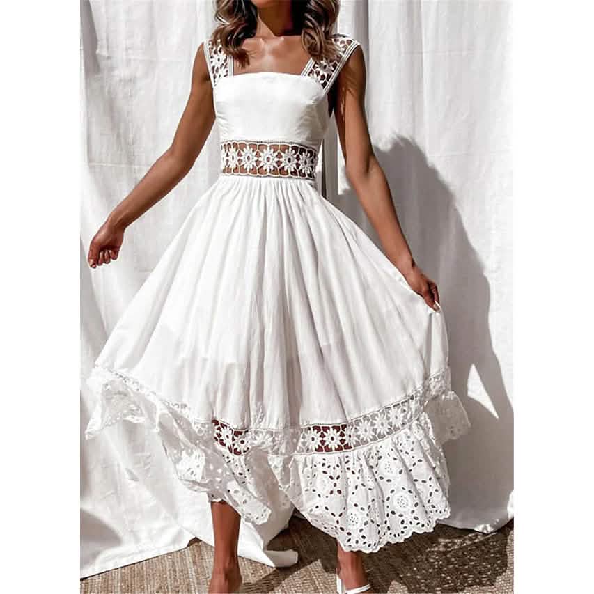 Women's White Sleeveless Solid Lace Panel Dress